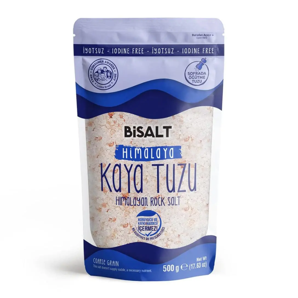 Bisalt Himalaya Kaya Tuzu İri 500gr – Himalaya’dan elde edilen, katkısız ve doğal iri taneli pembe tuz, salamura ve turşular için ideal