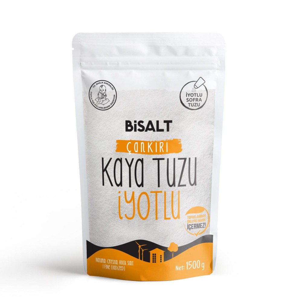 Bisalt Çankırı Kaya Tuzu İnce İyotlu 1500gr – Anadolu’dan elde edilen, katkısız ve doğal ince taneli iyotlu tuz, sofralar için ideal