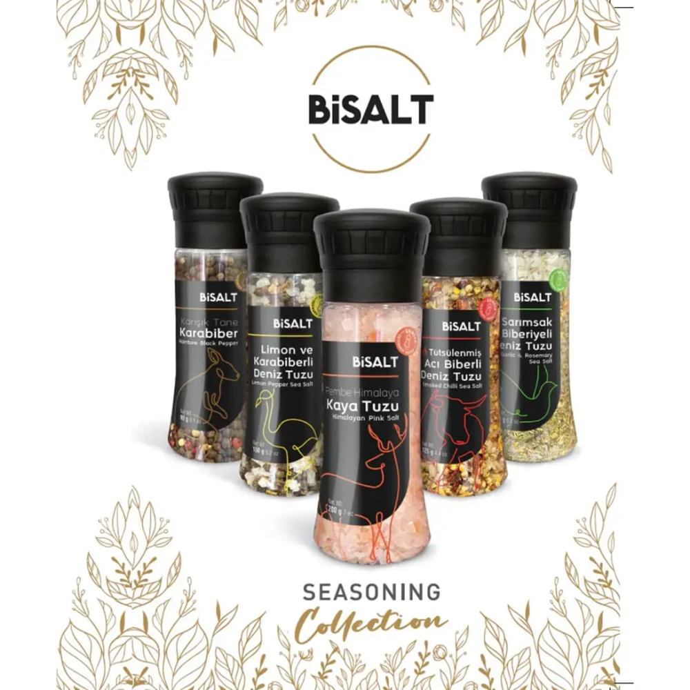 Bisalt Sarımsak ve Biberiyeli Deniz Tuzu Değirmen 140gr – Doğal deniz tuzu, sarımsak ve biberiye ile harmanlanmış aromatik tuz