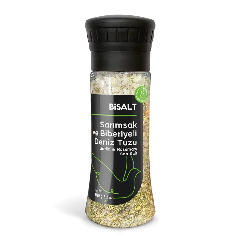 Bisalt Sarımsak ve Biberiyeli Deniz Tuzu Değirmen 140gr – Doğal deniz tuzu, sarımsak ve biberiye ile harmanlanmış aromatik tuz
