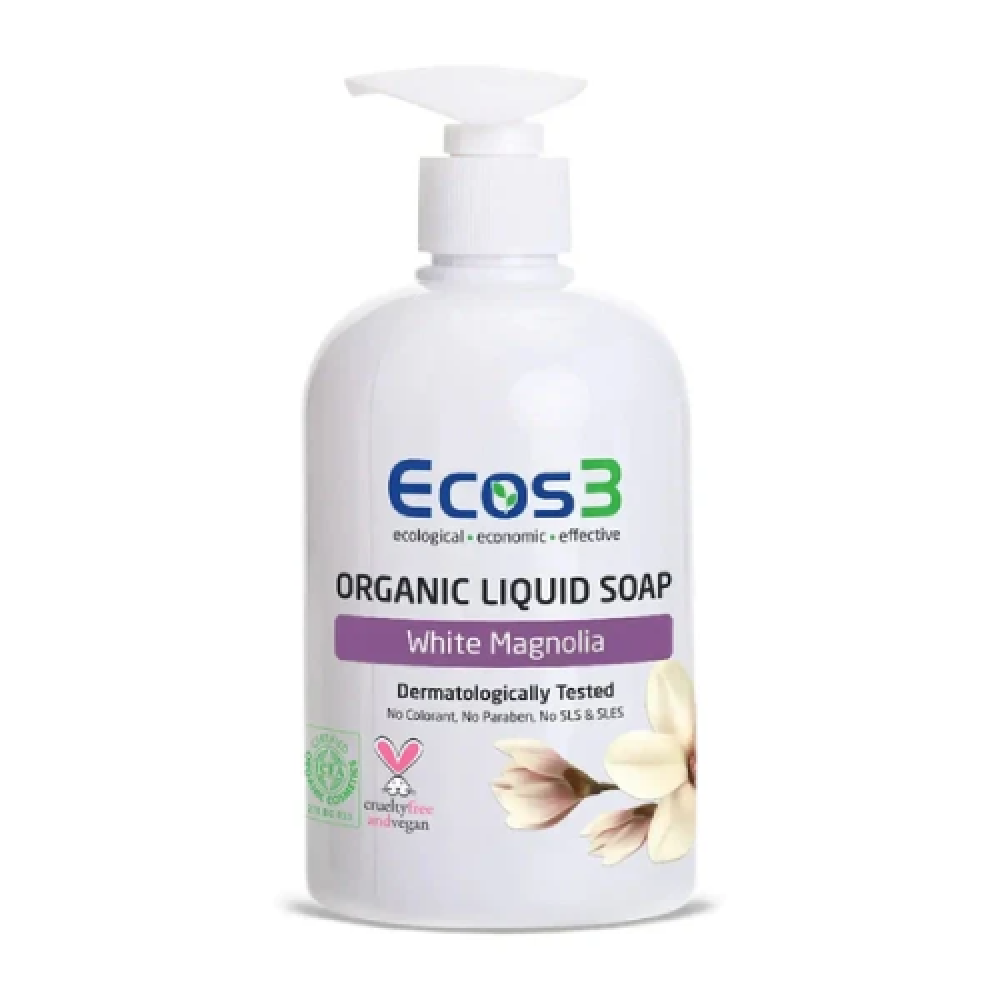 Ecos3 Organik Sıvı Sabun Beyaz Manolya 500ml – Doğal, katkısız ve hassas ciltler için güvenli sıvı sabun