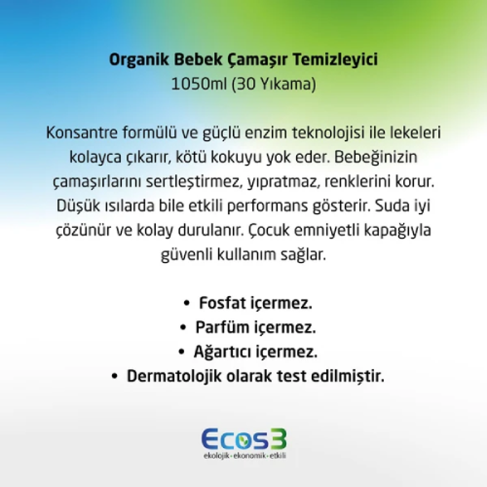 Organik Bebek Çamaşır Temizleyici 1050ml – ICEA sertifikalı, vegan ve hassas ciltler için güvenli ürün