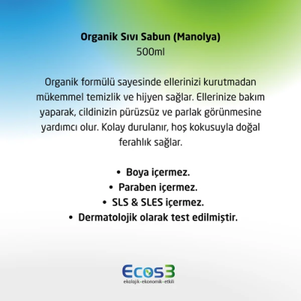 Ecos3 Organik Sıvı Sabun Beyaz Manolya 2.5lt – Doğal, katkısız ve hassas ciltler için güvenli sıvı sabun