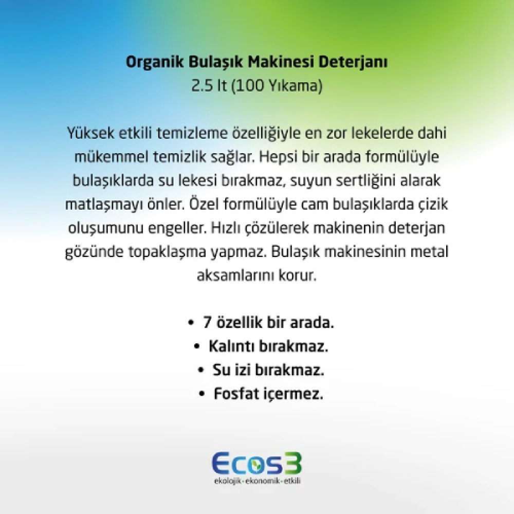 Organik Bulaşık Makinesi Deterjanı 2.5lt – Doğal, katkısız ve çevre dostu güçlü temizlik ürünü