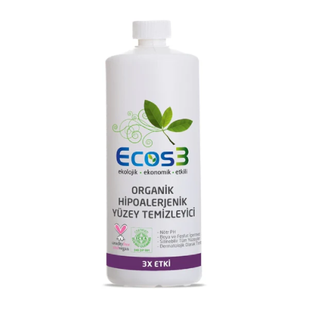 Ecos3 Organik Hipoalerjenik Yüzey Temizleyici 1000ml – Doğal, hipoalerjenik ve çevre dostu güvenli temizlik ürünü
