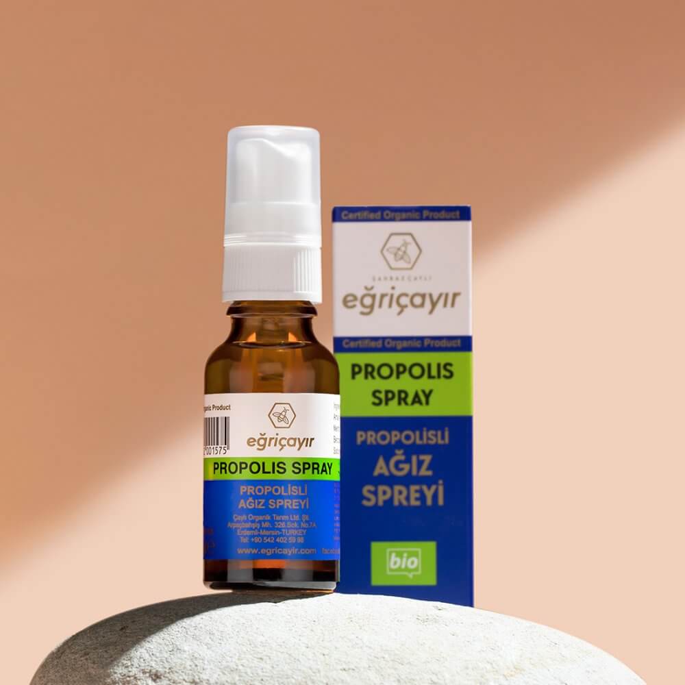 Organik propolis ağız spreyi %20, nane yağı ve turunç çiçek sulu Eco-Cert sertifikalı sprey şişe