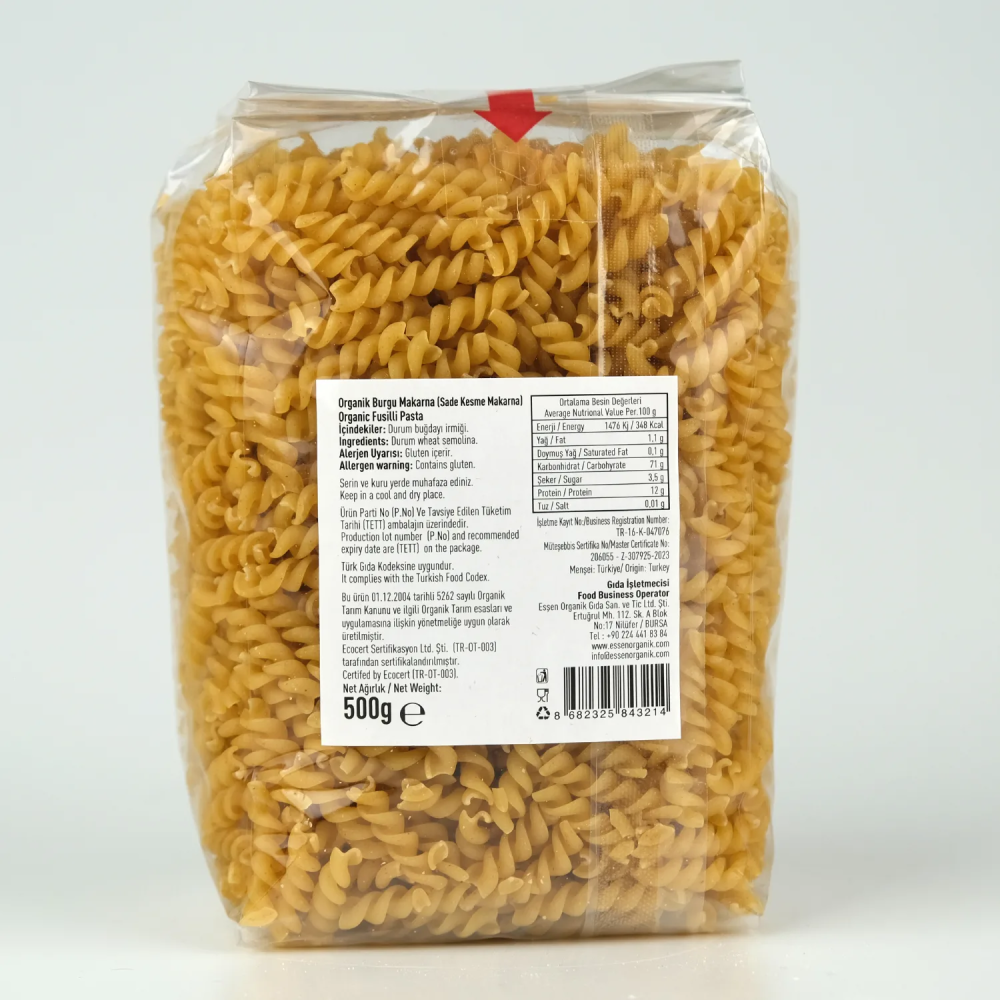 Organik burgu makarna 500 gr paket, ECOCERT sertifikalı katkısız vegan