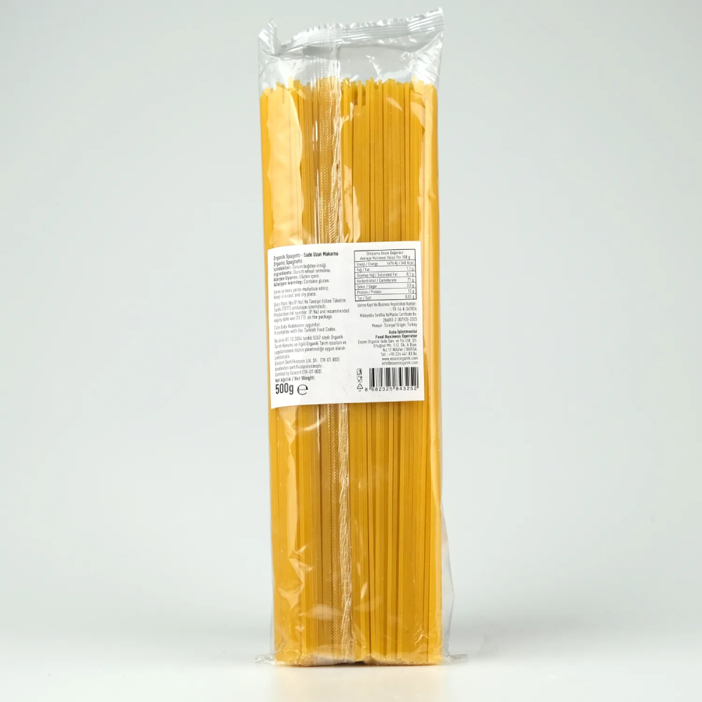 Organik spagetti 500 gr paket, katkısız durum buğdayı