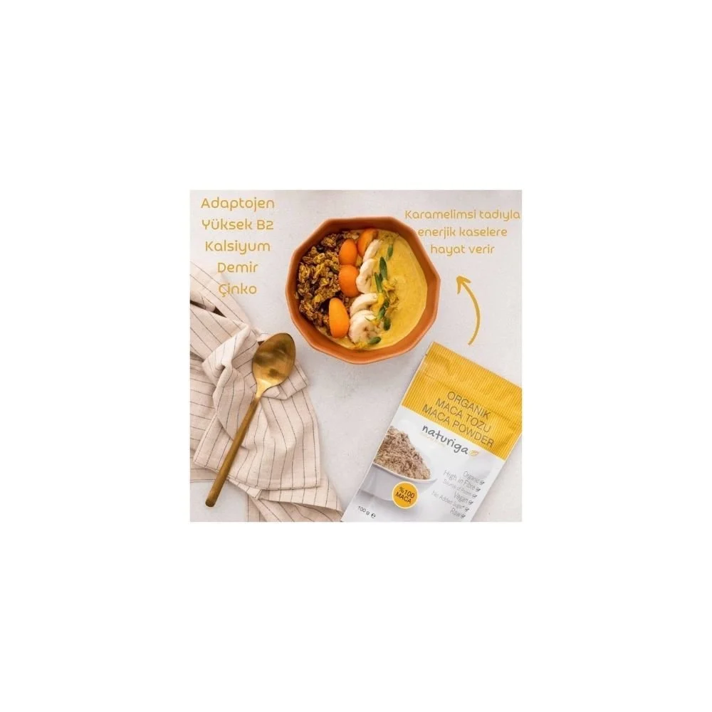 Naturiga organik maca kökü tozu 100 gr paket, peruvian maca powder adaptojenik enerji desteği