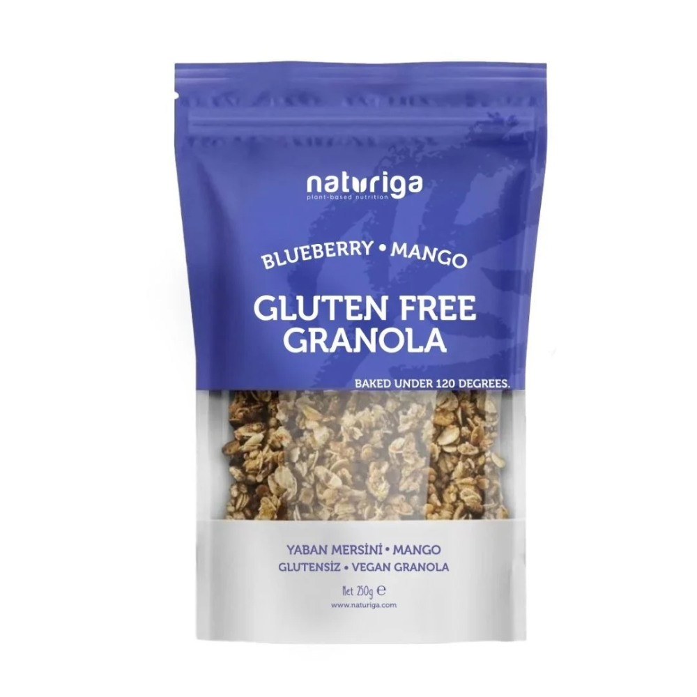 Naturiga yaban mersini mango granola 250 gr paket, dondurulmuş mango parçalı glutensiz vegan granola