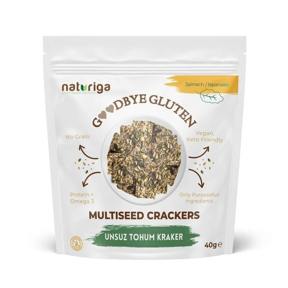 Naturiga unsuz tohum kraker ıspanaklı 40 gr paket, glutensiz tahılsız vegan tohum krakeri