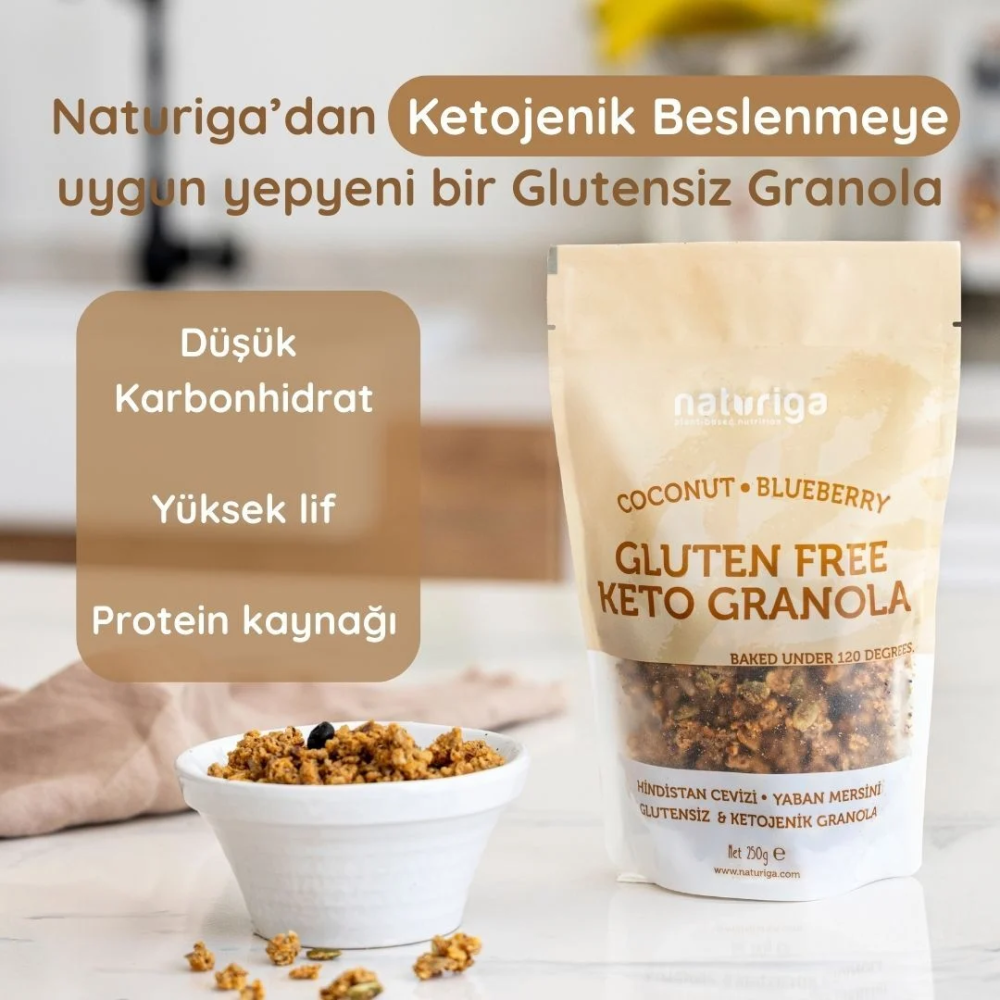 Naturiga ketojenik glutensiz granola 250 gr paket, tahılsız yulaf içermeyen kuruyemişli keto granola