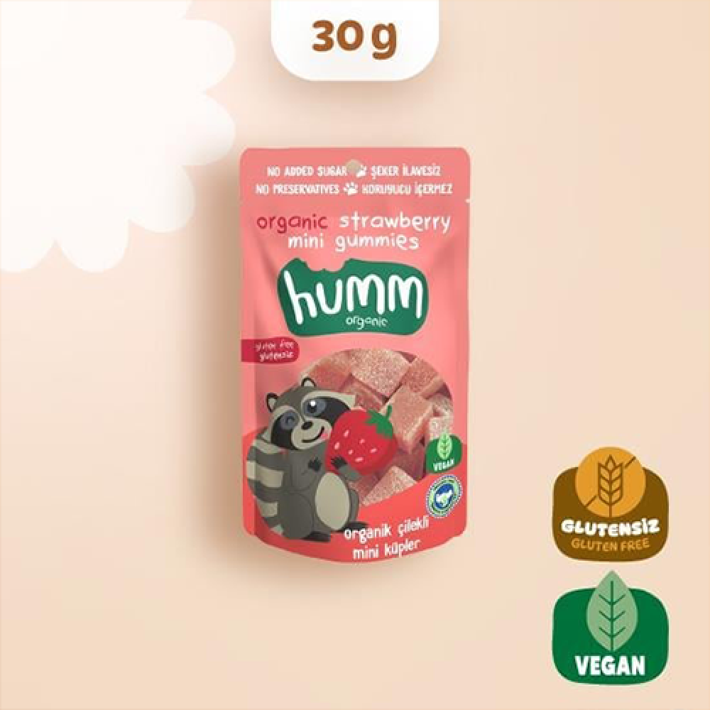 Organik glutensiz vegan çilekli mini küpler 30g atıştırmalık paket