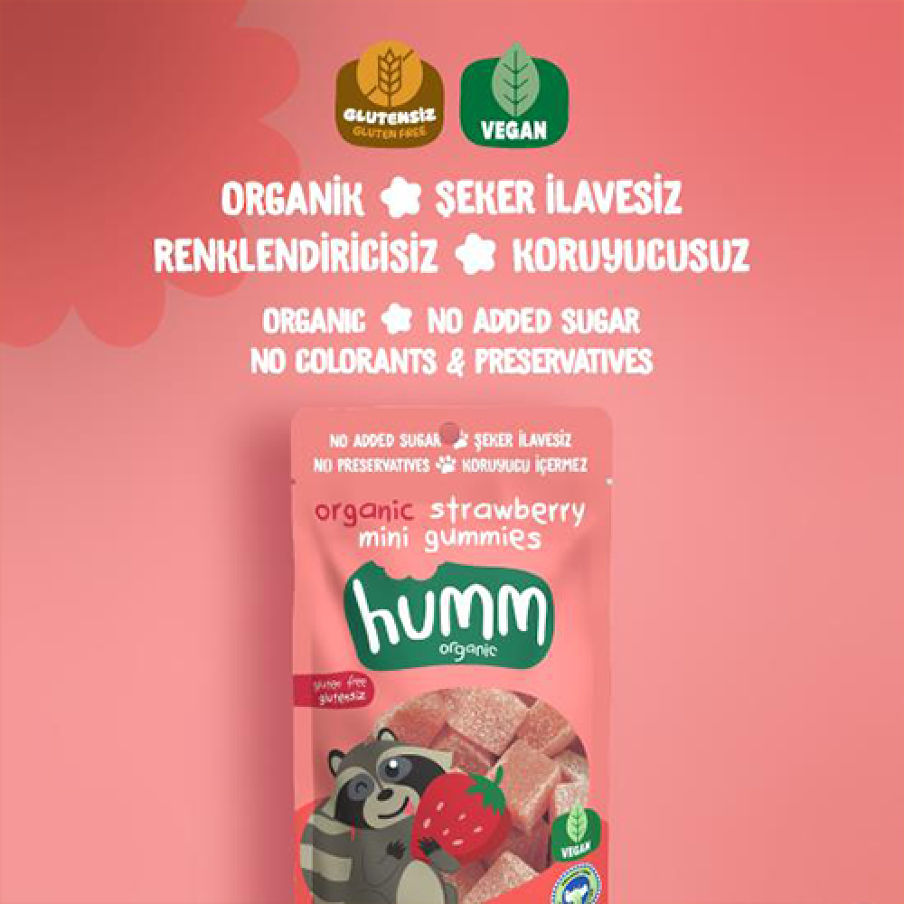Organik glutensiz vegan çilekli mini küpler 30g atıştırmalık paket