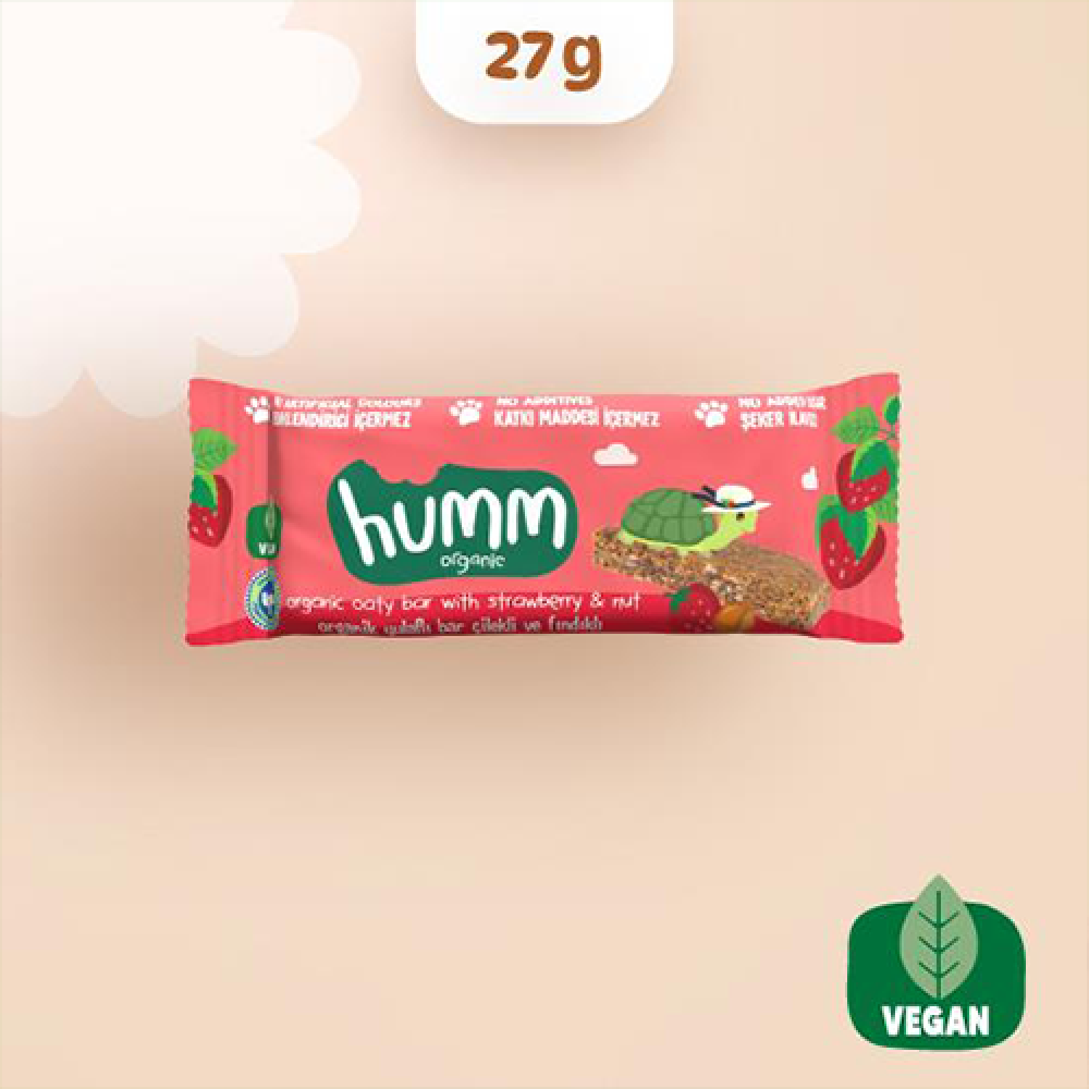 Organik çilekli ve fındıklı yulaf bar 27 gr, vegan glutensiz atıştırmalık