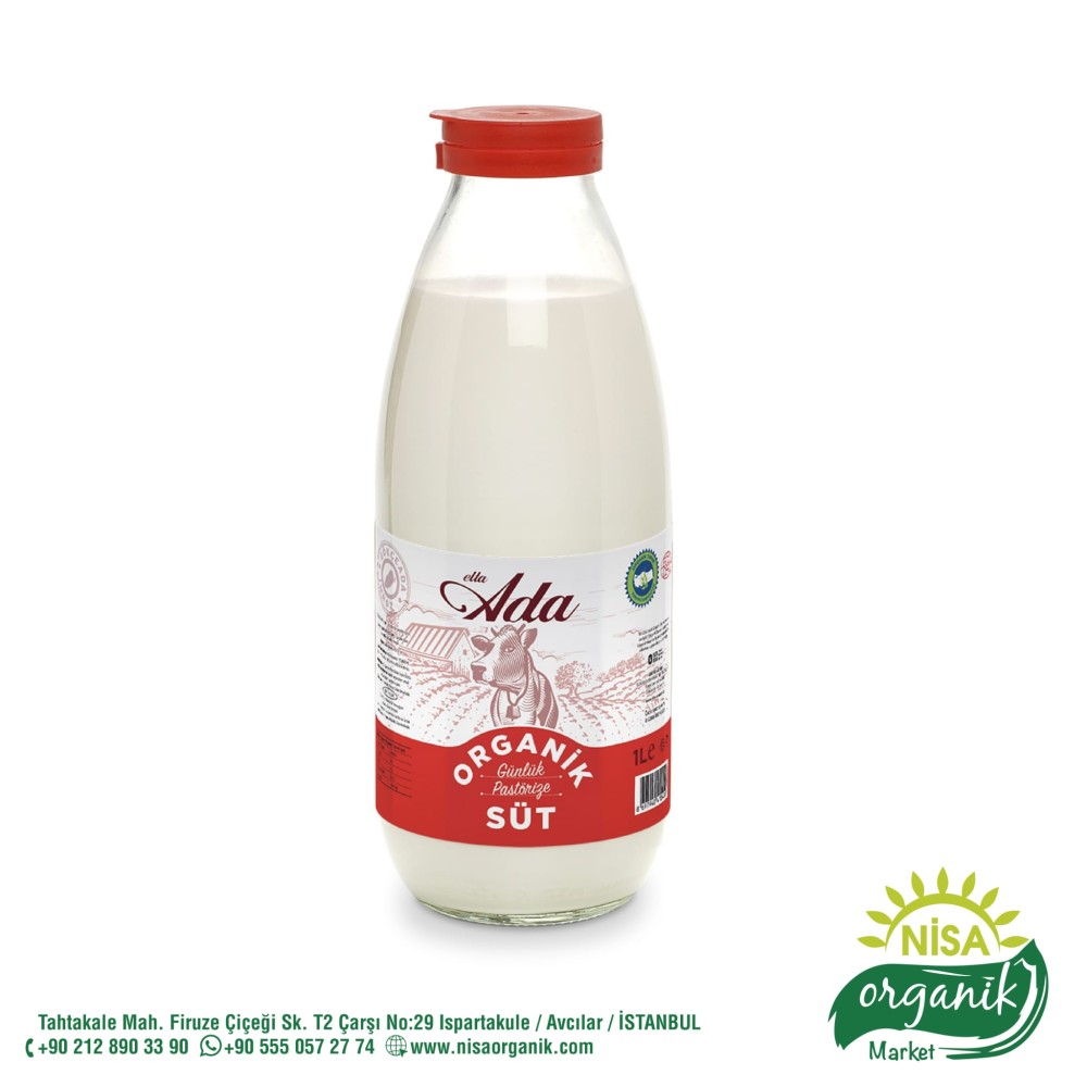 Organik günlük pastörize inek sütü 1 litre cam şişe, Elta-Ada çiftliği 75 derece pastörize
