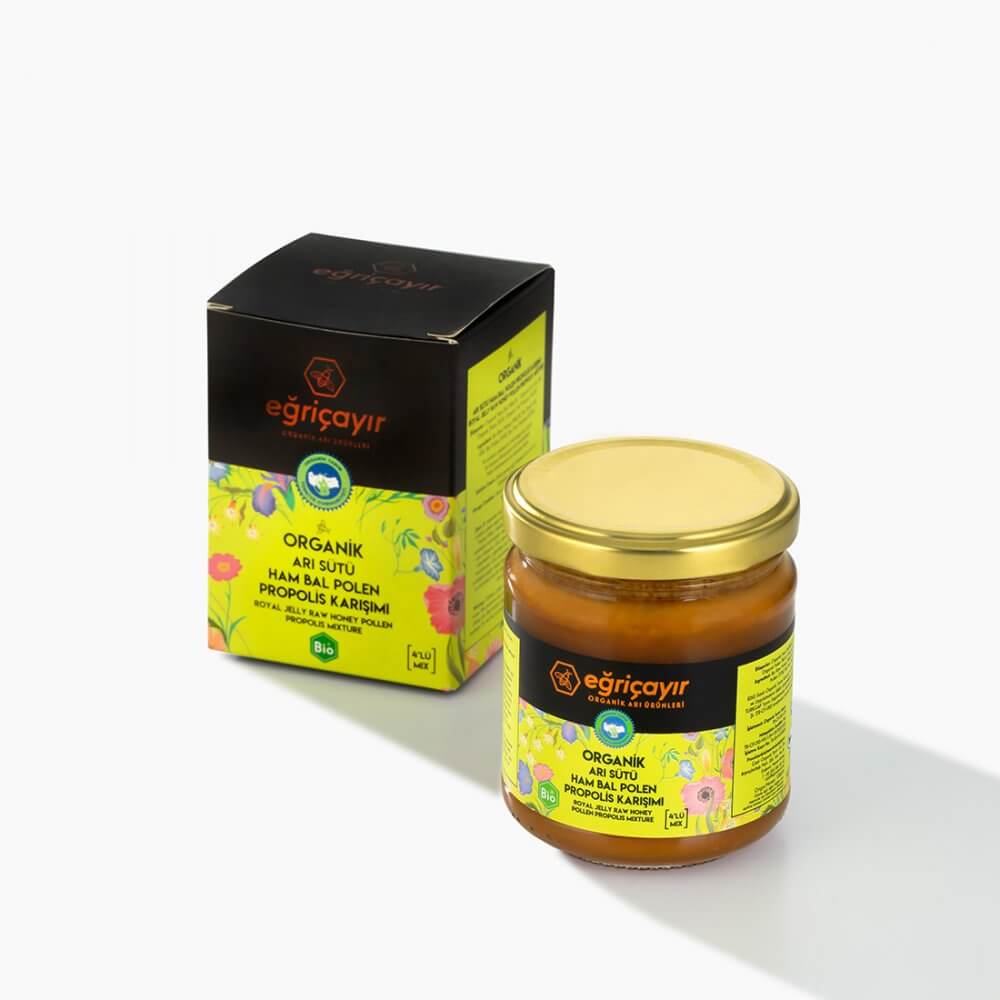 Eğriçayır Organik Sertifikalı Katkısız Arı Sütü Ham Bal Polen ve Propolis Karışımı 240 g Kavanozu