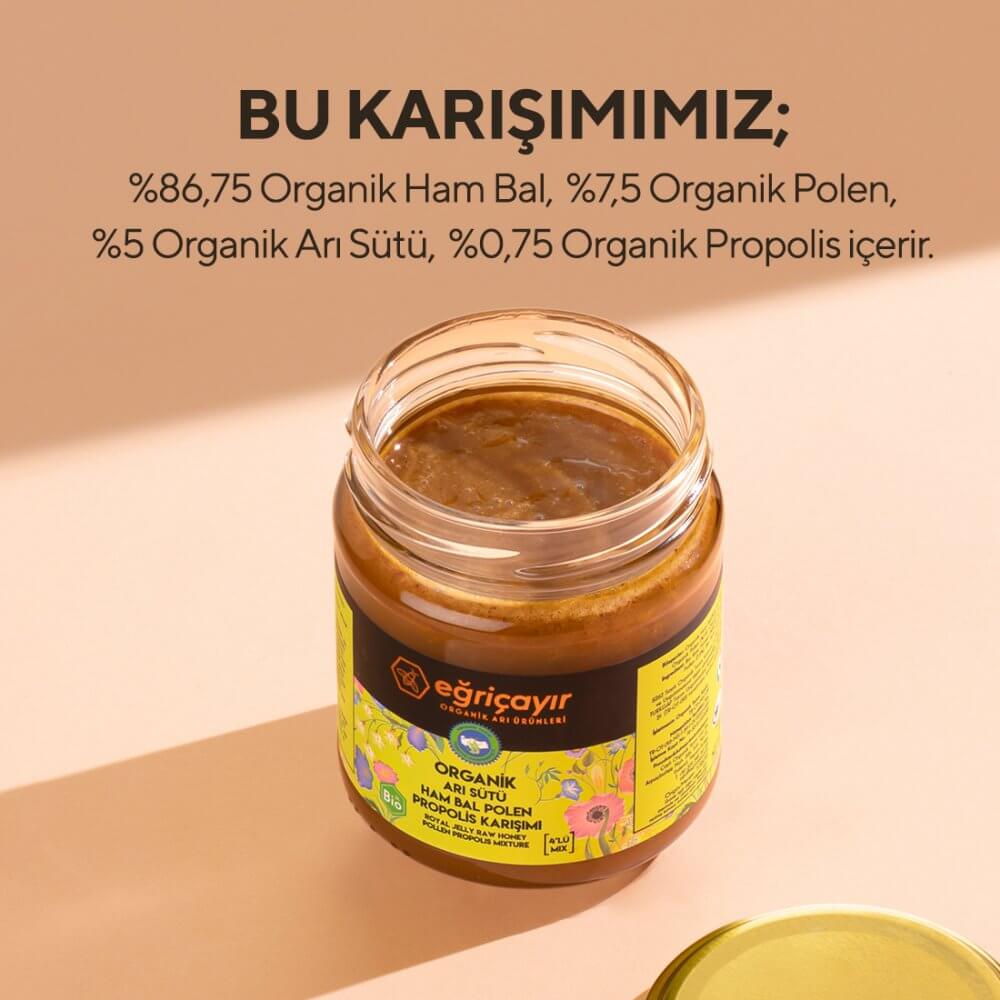 Eğriçayır Organik Sertifikalı Katkısız Arı Sütü Ham Bal Polen ve Propolis Karışımı 240 g Kavanozu