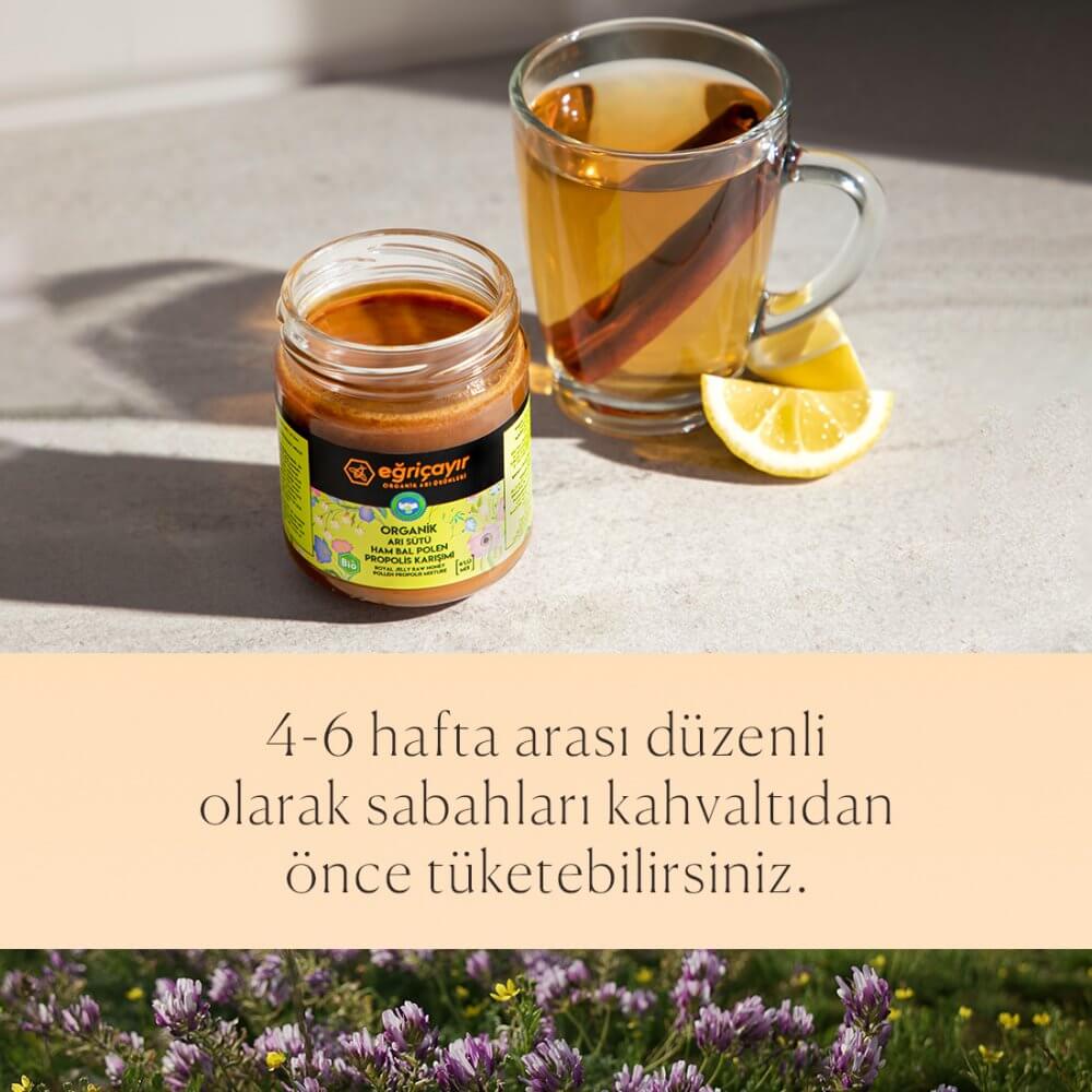 Eğriçayır Organik Sertifikalı Katkısız Arı Sütü Ham Bal Polen ve Propolis Karışımı 240 g Kavanozu