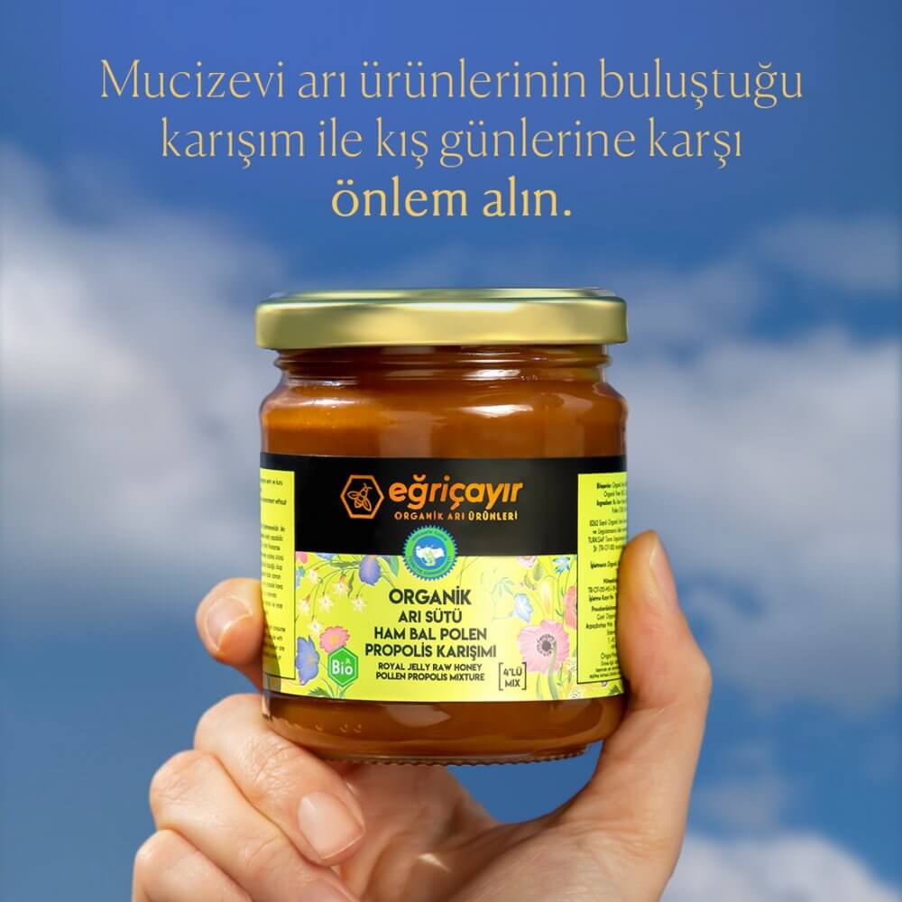 Eğriçayır Organik Sertifikalı Katkısız Arı Sütü Ham Bal Polen ve Propolis Karışımı 240 g Kavanozu