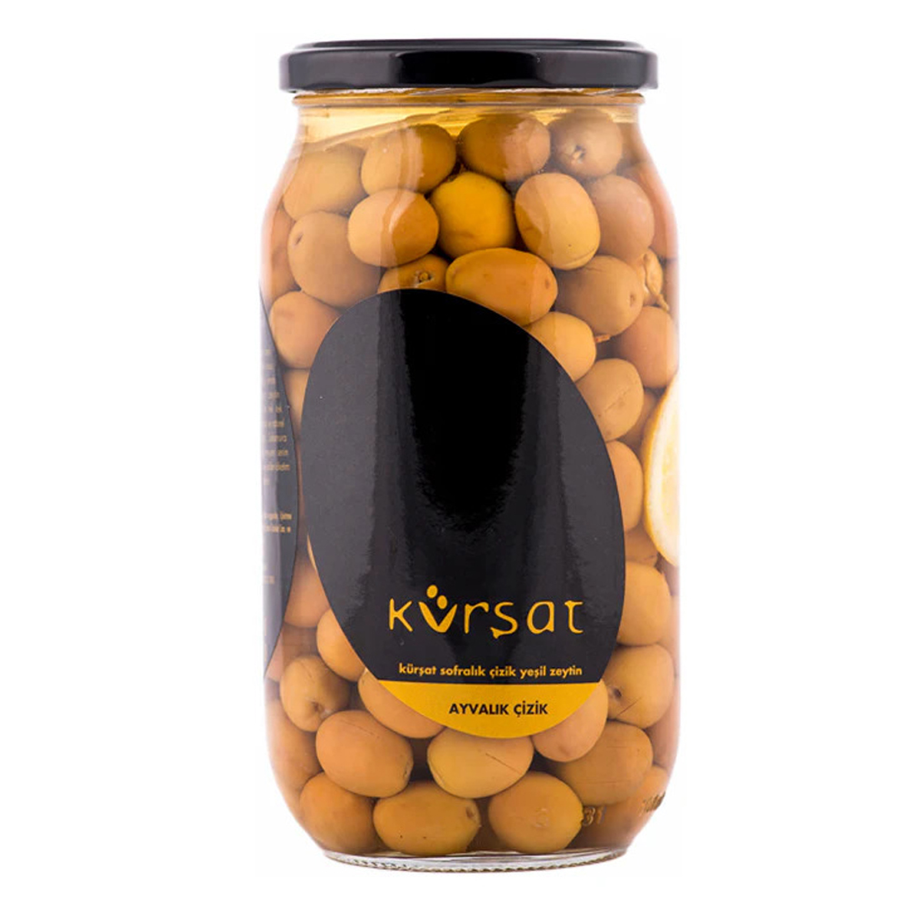 Ayvalık naturel çizik yeşil zeytin 1000 cc kavanoz, kostiçsiz doğal salamura çizik zeytin