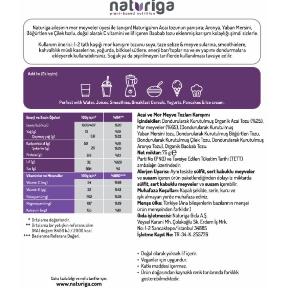 Naturiga Acai Plus karışımı toz, mor süper gıda karışımı antoksidan bowl malzemesi