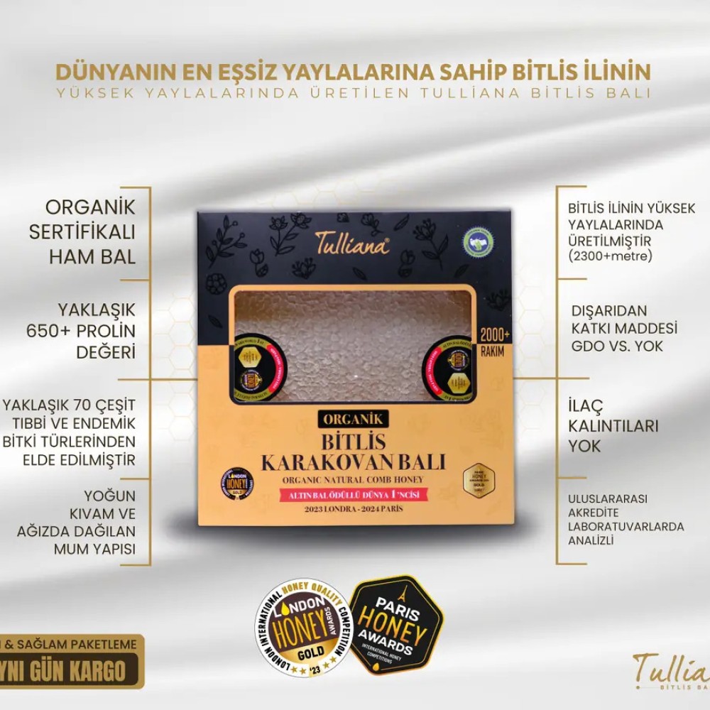 Tulliana Bitlis Organik Sertifikalı Polifloralı Karakovan Petek Balı Şık Ambalaj