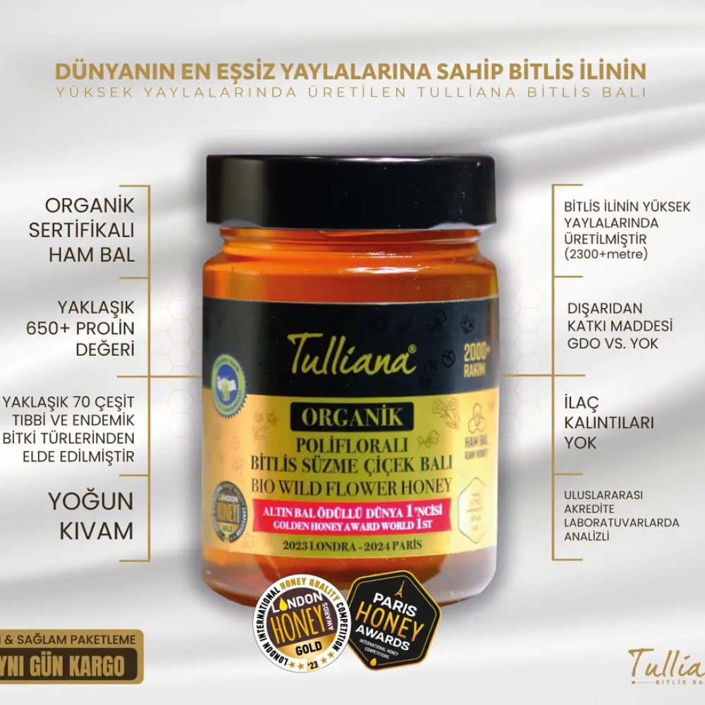 Tulliana Bitlis Organik Polifloralı Ham Süzme Çiçek Balı Cam Kavanoz