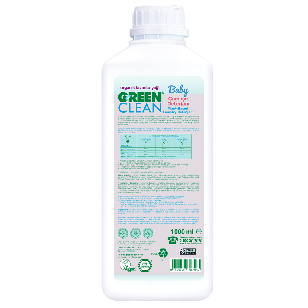 U Green Clean Baby 1000 ML Organik Lavanta Yağlı Bitkisel Çamaşır Deterjanı Şişesi