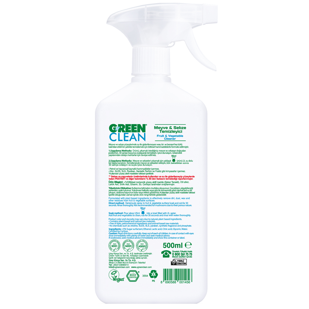 U Green Clean 500 ML Bitkisel Kaynaklı Meyve ve Sebze Temizleme Sıvısı
