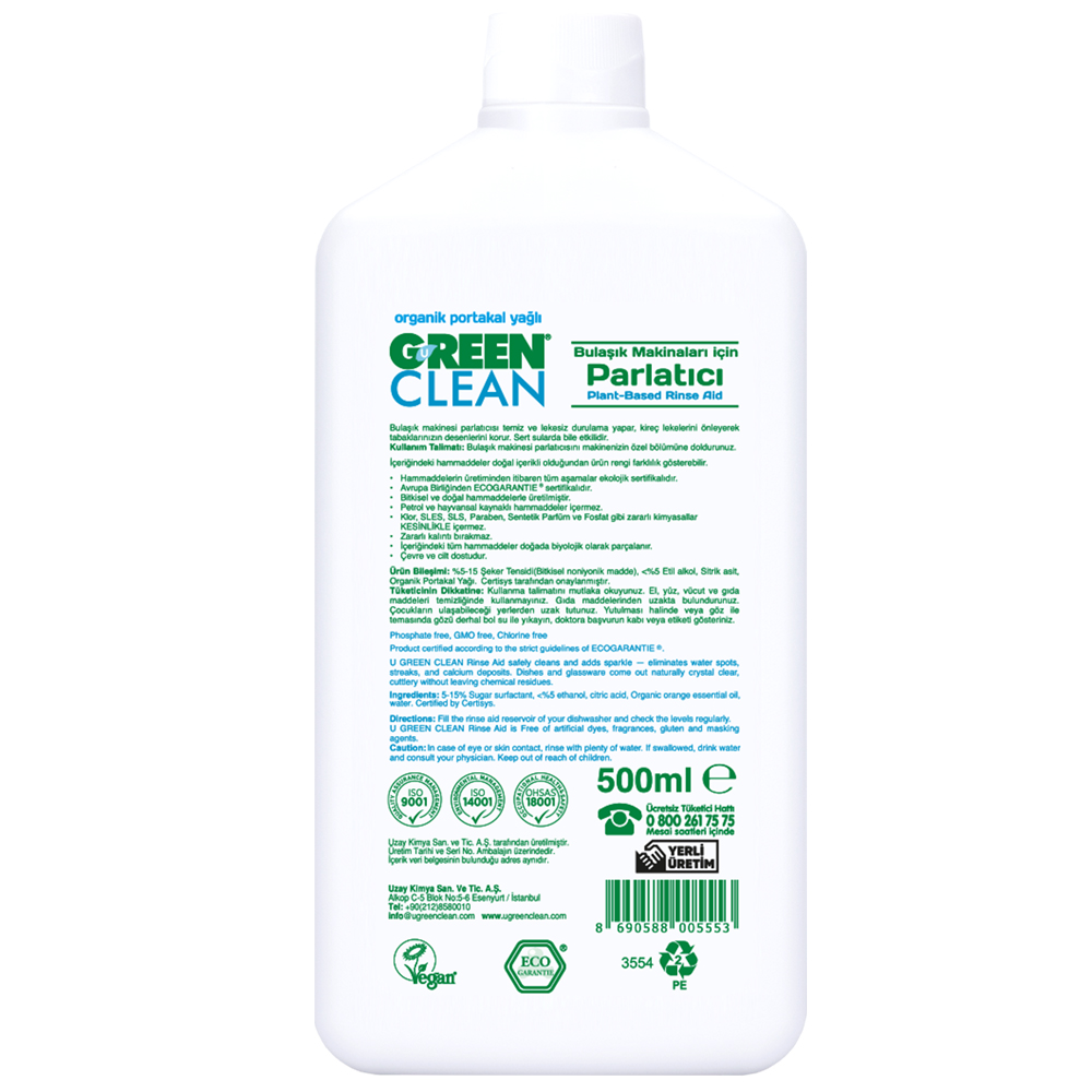 U Green Clean 500 ML Organik Portakal Yağlı Bitkisel Bulaşık Makinesi Parlatıcısı