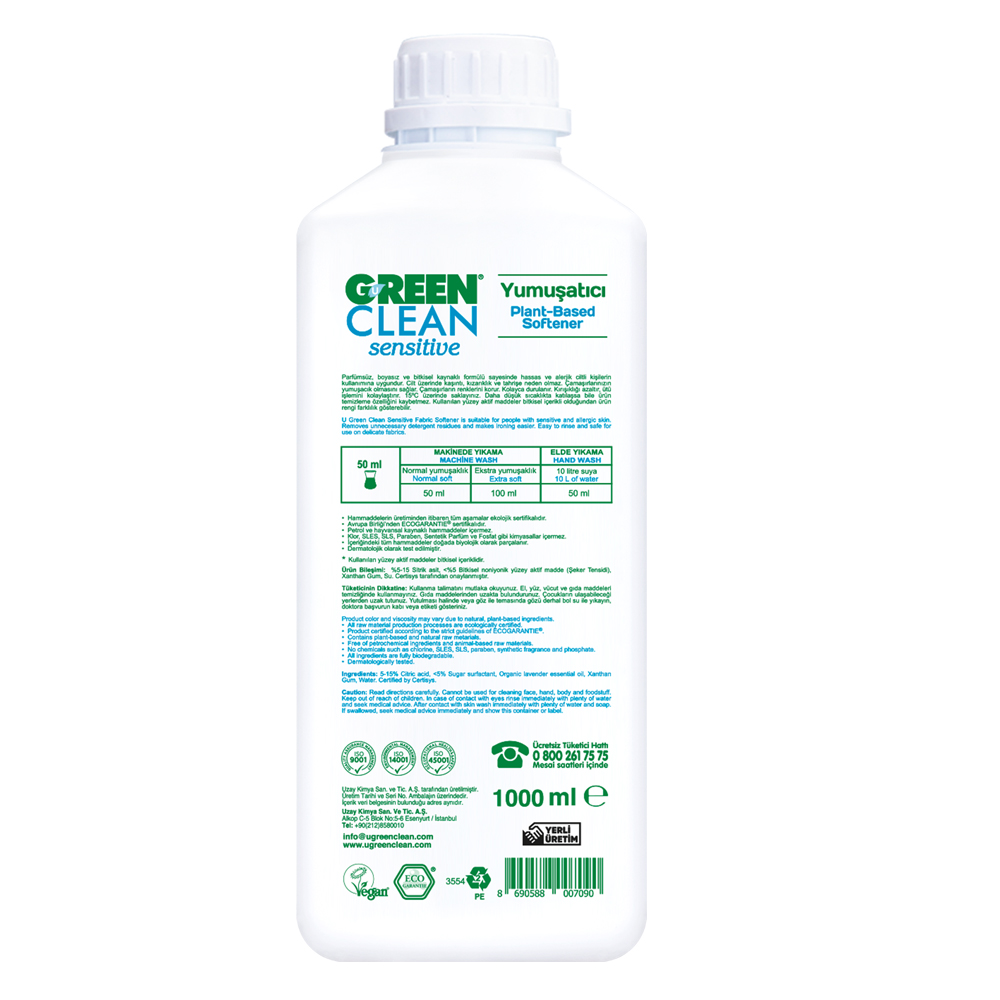 U Green Clean 1000 ML Sensitive Bitkisel Çamaşır Yumuşatıcısı