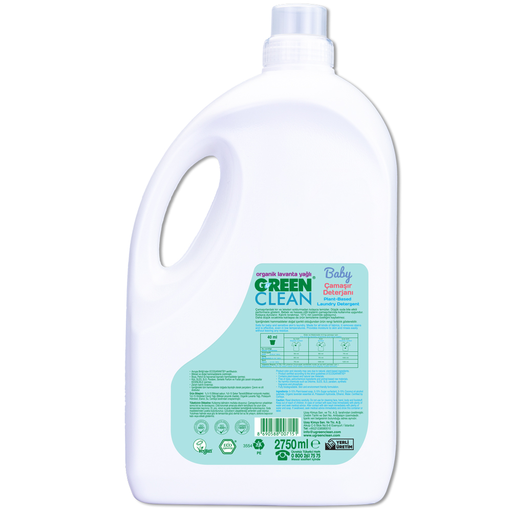 U Green Clean Baby 2750 ML Organik Lavanta Yağlı Bitkisel Çamaşır Deterjanı Şişesi