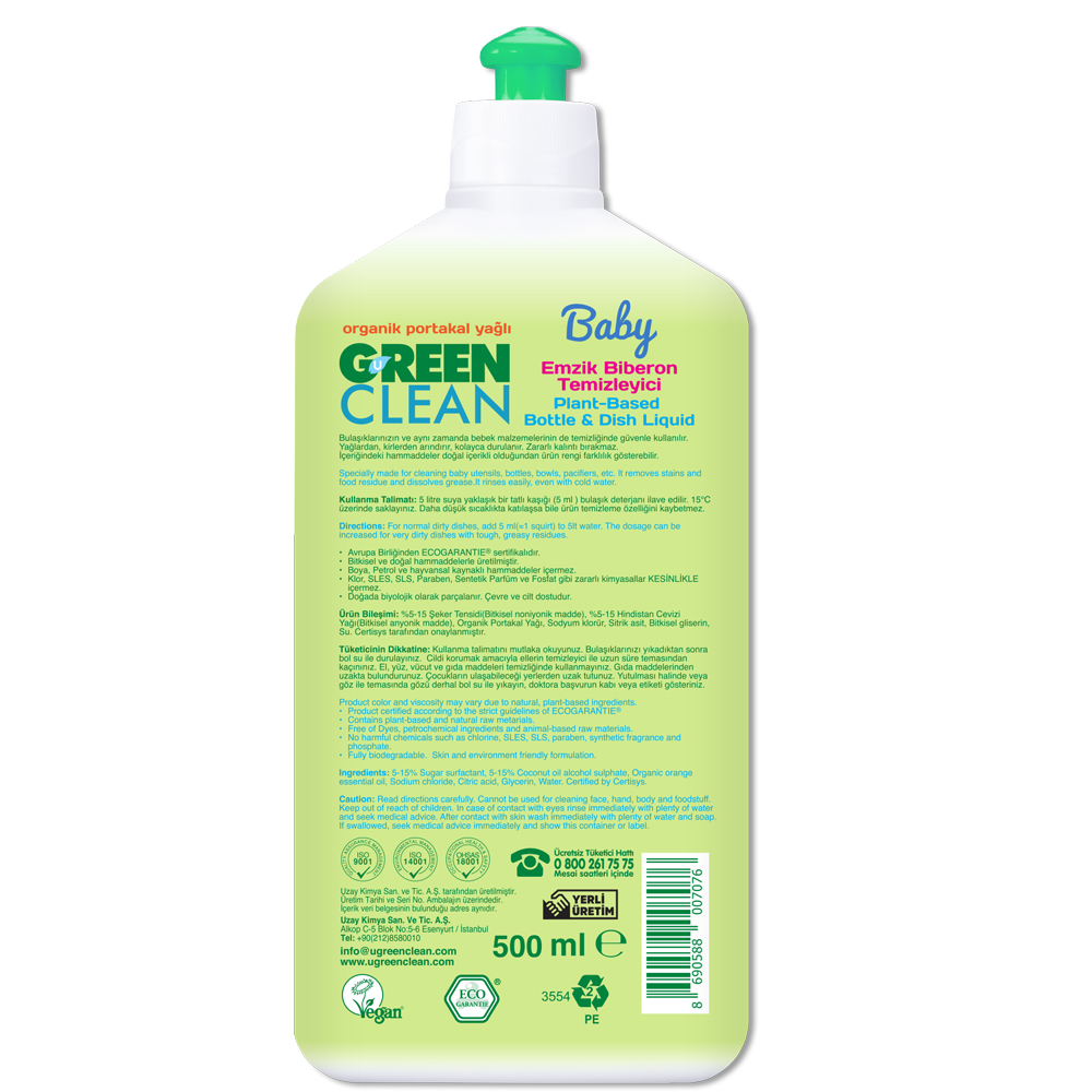 U Green Clean Baby 500 ML Organik Portakal Yağlı Bitkisel Emzik ve Biberon Temizleyici Şişesi
