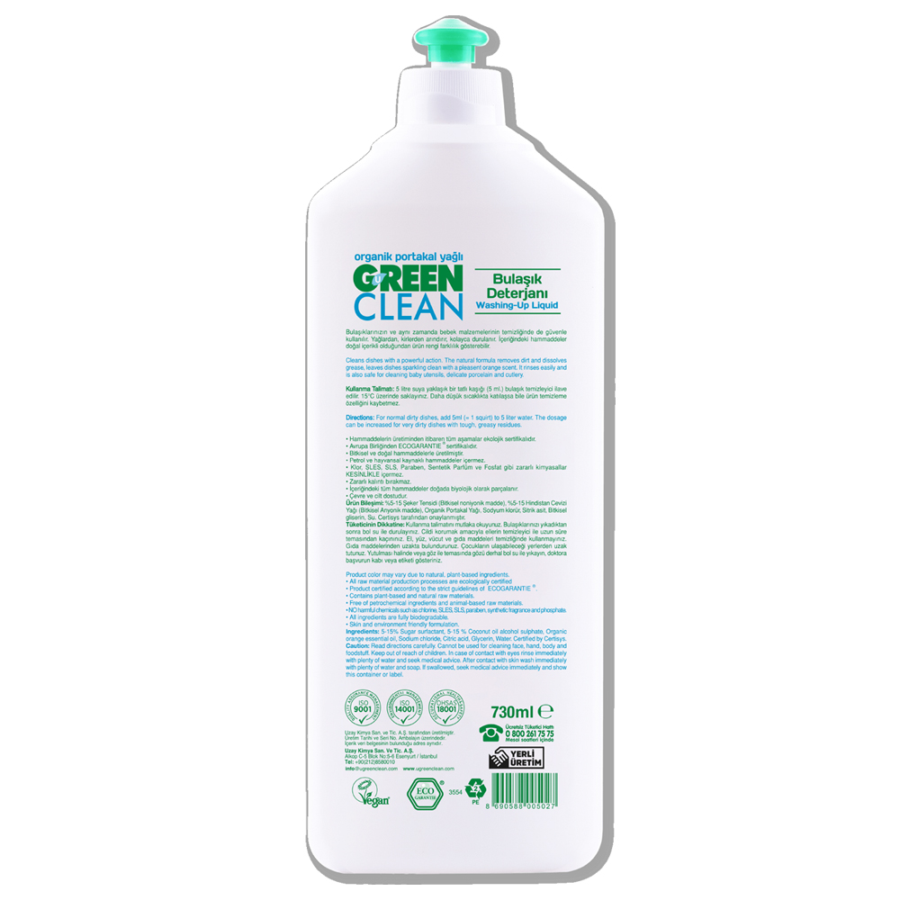 U Green Clean 730 ML Organik Portakal Yağlı Bitkisel Bulaşık Deterjanı Şişesi
