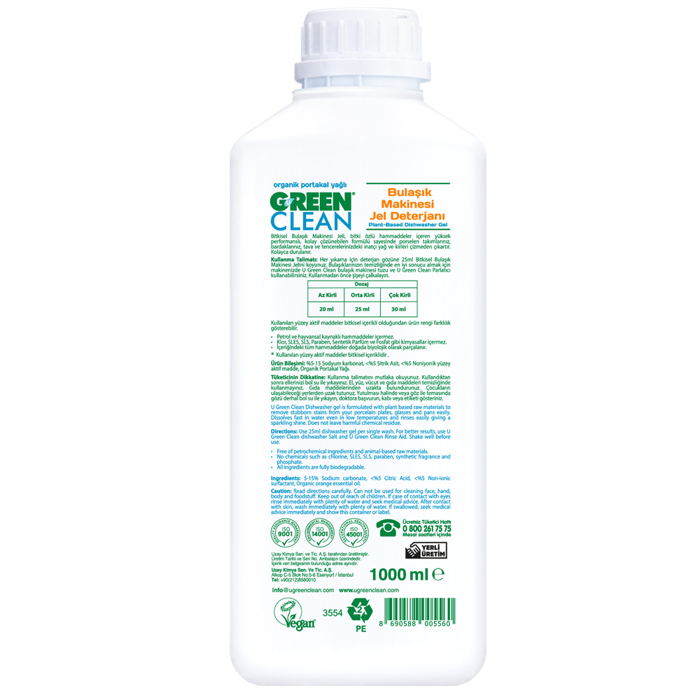 U Green Clean 1000 ML Organik Portakal Yağlı Bitkisel Bulaşık Makinesi Jel Deterjanı