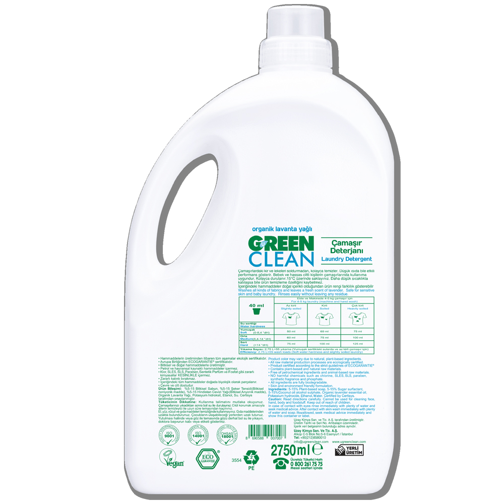 U Green Clean 2750 ML Organik Lavanta Yağlı Bitkisel Çamaşır Deterjanı Şişesi