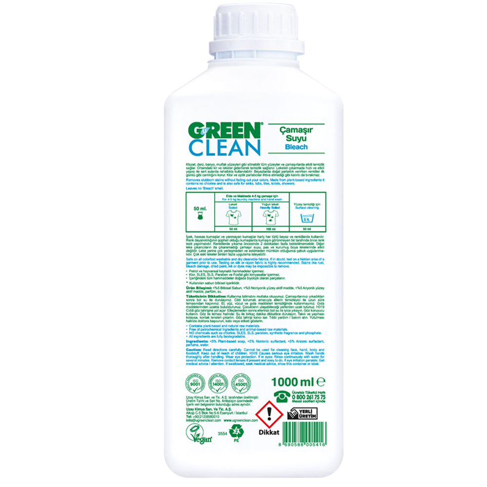 U Green Clean 1000 ML Bitkisel Sabunlu Çamaşır Suyu Şişesi
