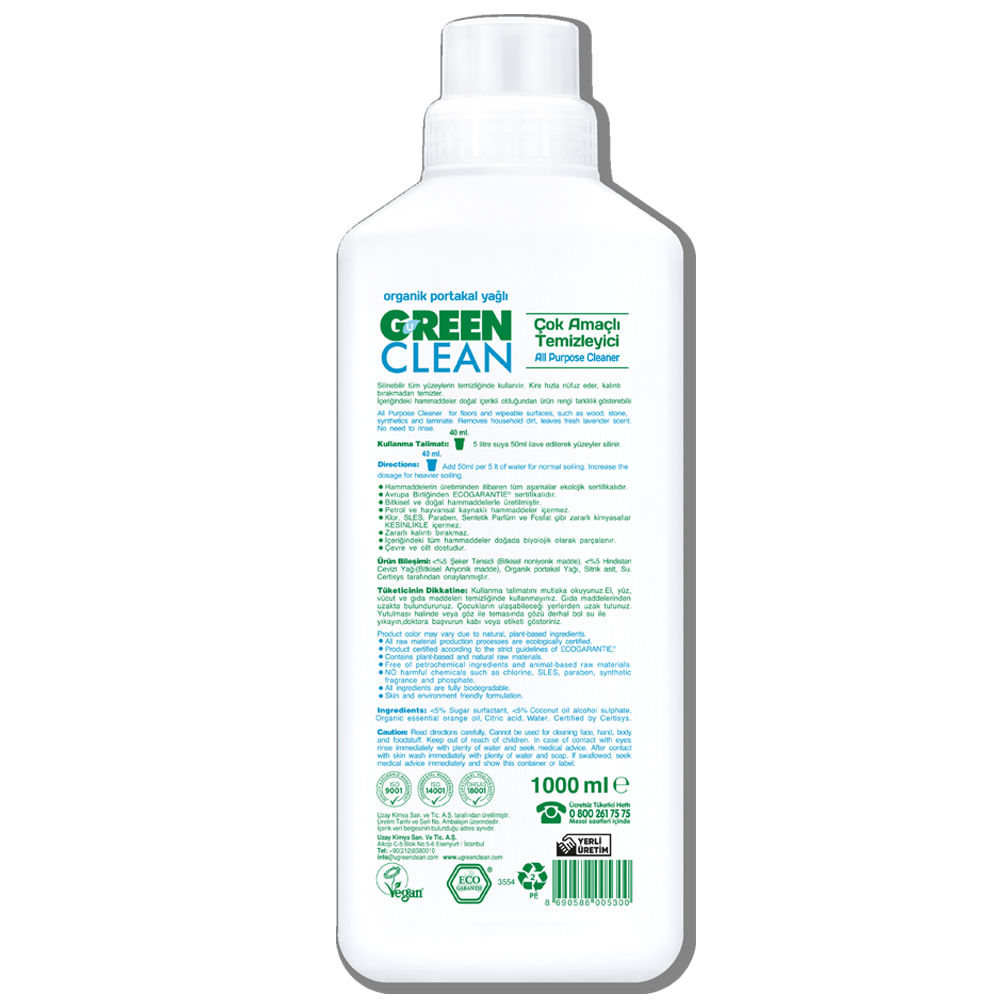 U Green Clean 1000 ML Organik Portakal Yağlı Çok Amaçlı Bitkisel Temizleyici Şişesi