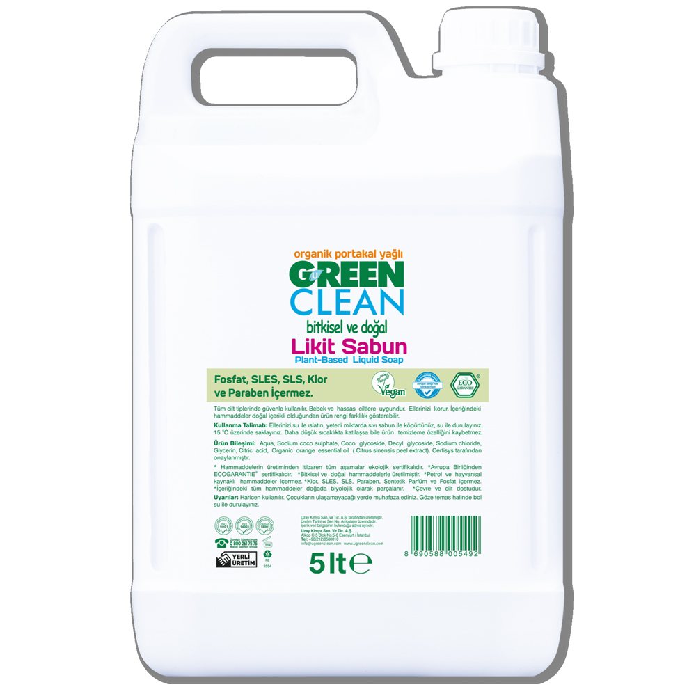 U Green Clean 5 Litre Organik Portakal Yağlı Bitkisel Likit Sabun Bidonu