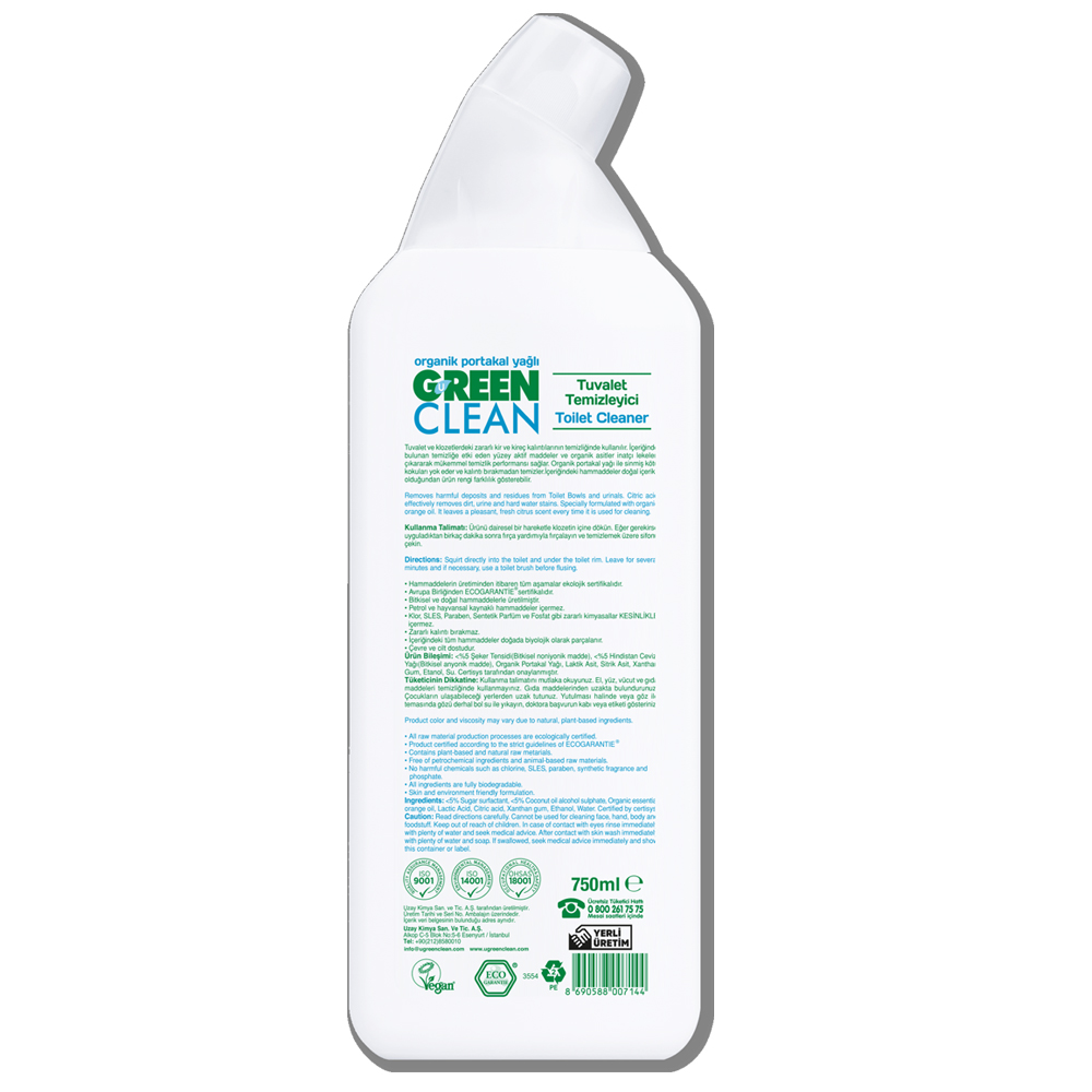 U Green Clean 750 ML Organik Portakal Yağlı Bitkisel Tuvalet Temizleyici Şişesi