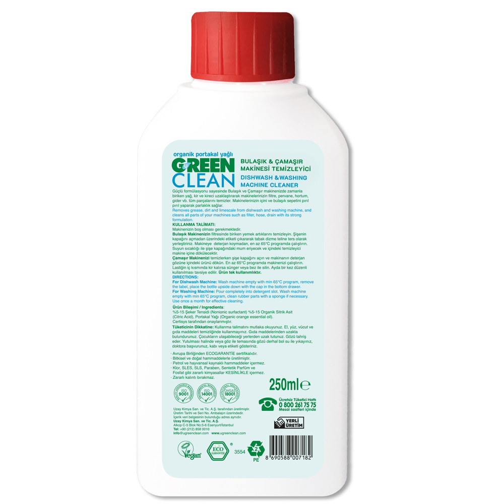 U Green Clean 250 ML Bulaşık ve Çamaşır Makinesi Temizleyici Şişesi