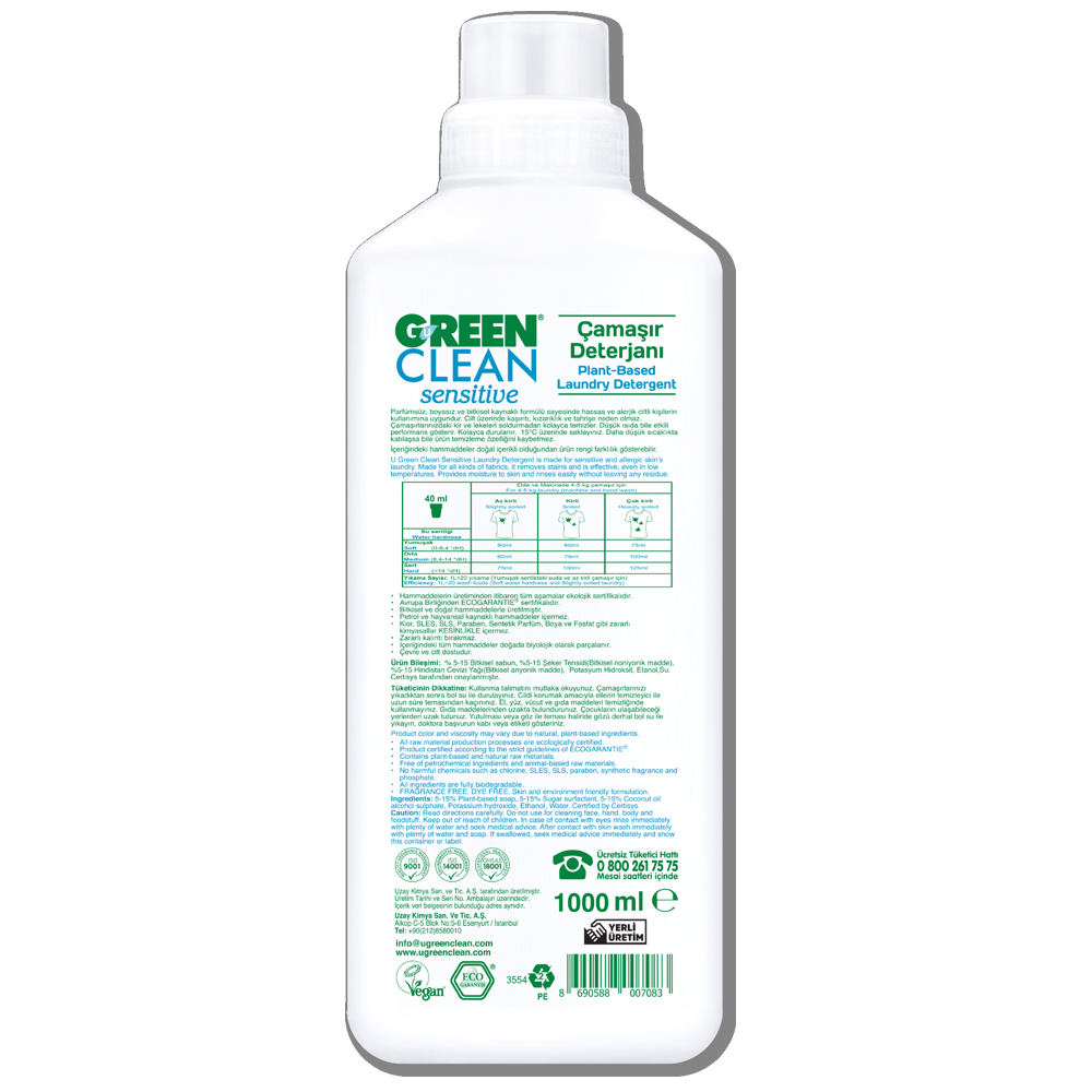 U Green Clean 1 Litre Sensitive Bitkisel Sıvı Çamaşır Deterjanı Şişesi