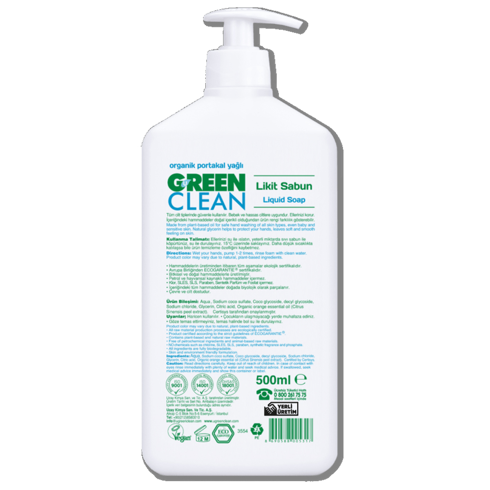 U Green Clean 500 ML Sensitive Bitkisel Likit Sabun Şişesi