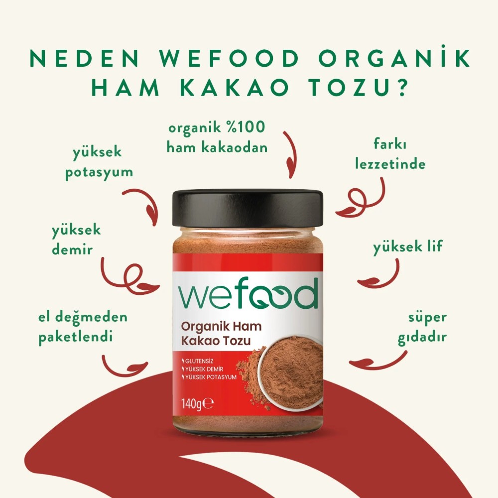 Wefood Organik Ham Kakao Tozu 140 gr – Peru kökenli, sertifikalı, katkısız