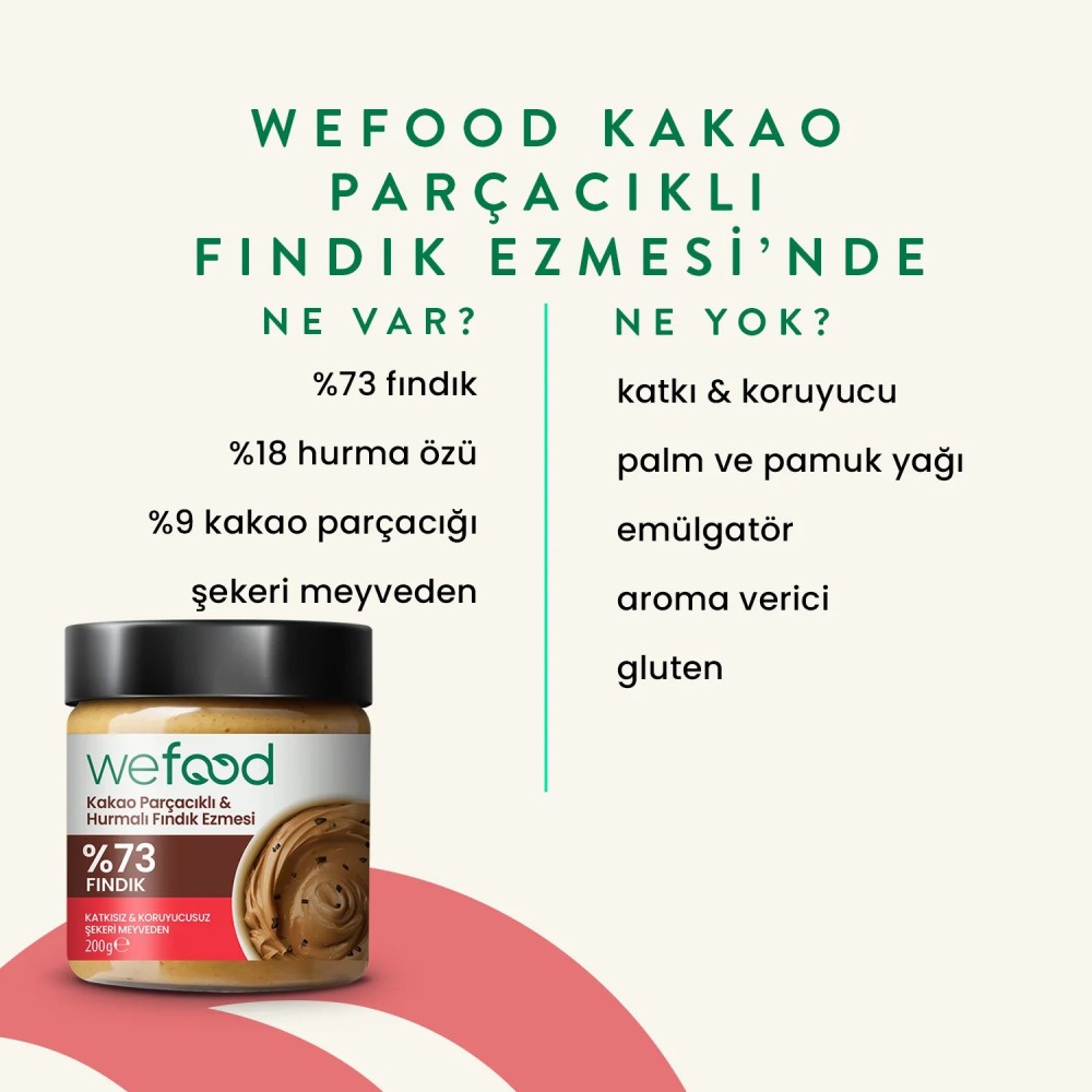 Nisa Organik Wefood Kakao Parçacıklı Hurmalı Fındık Ezmesi 200gr Kavanoz