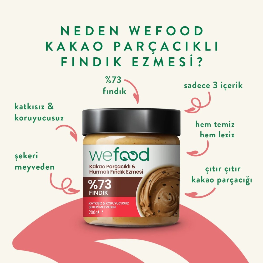 Nisa Organik Wefood Kakao Parçacıklı Hurmalı Fındık Ezmesi 200gr Kavanoz
