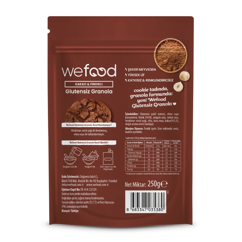 Nisa Organik Wefood Glutensiz Granola Kakao ve Fındıklı 250gr Paket