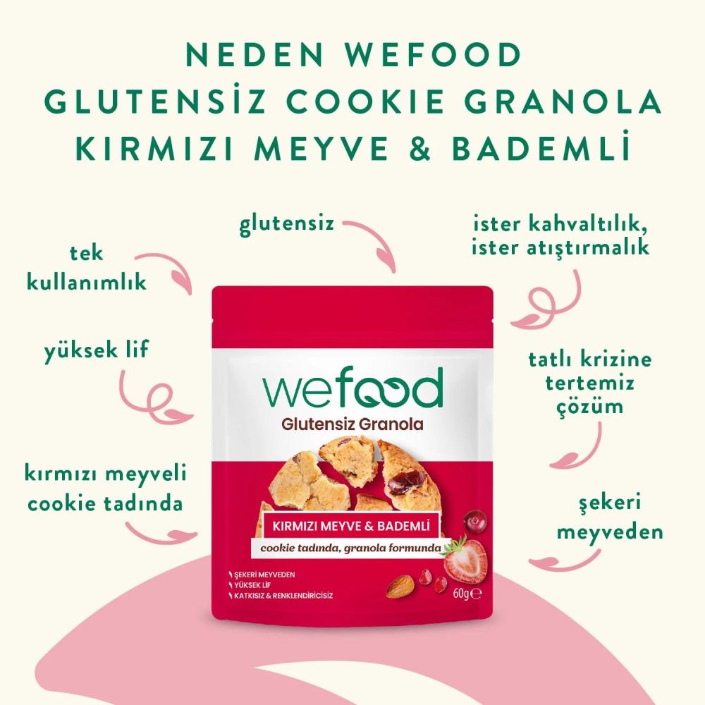 Nisa Organik Wefood Glutensiz Granola Bites Kırmızı Meyve ve Bademli 60gr Paket