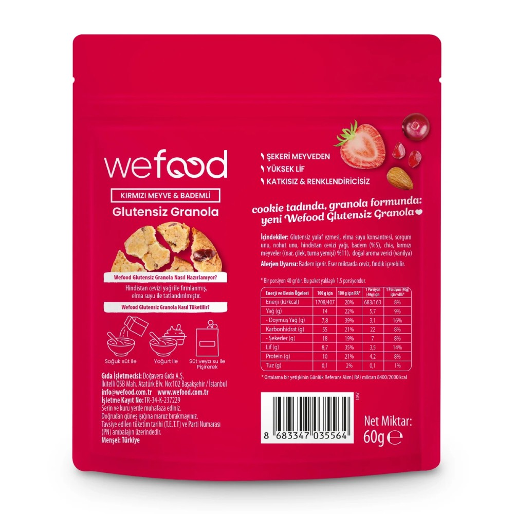 Nisa Organik Wefood Glutensiz Granola Bites Kırmızı Meyve ve Bademli 60gr Paket